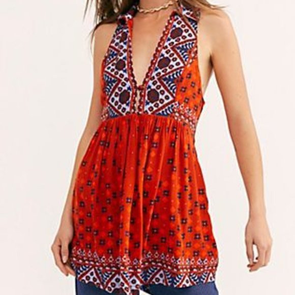 Vibrant Orange Printed Free People Sleeveless Charlotte Tunic Tank Top in Rust - Picture 2 of 16